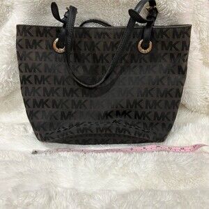 Michael Kors Tote Bag Womens Large Brown/Black MK Logo Monogram Gold